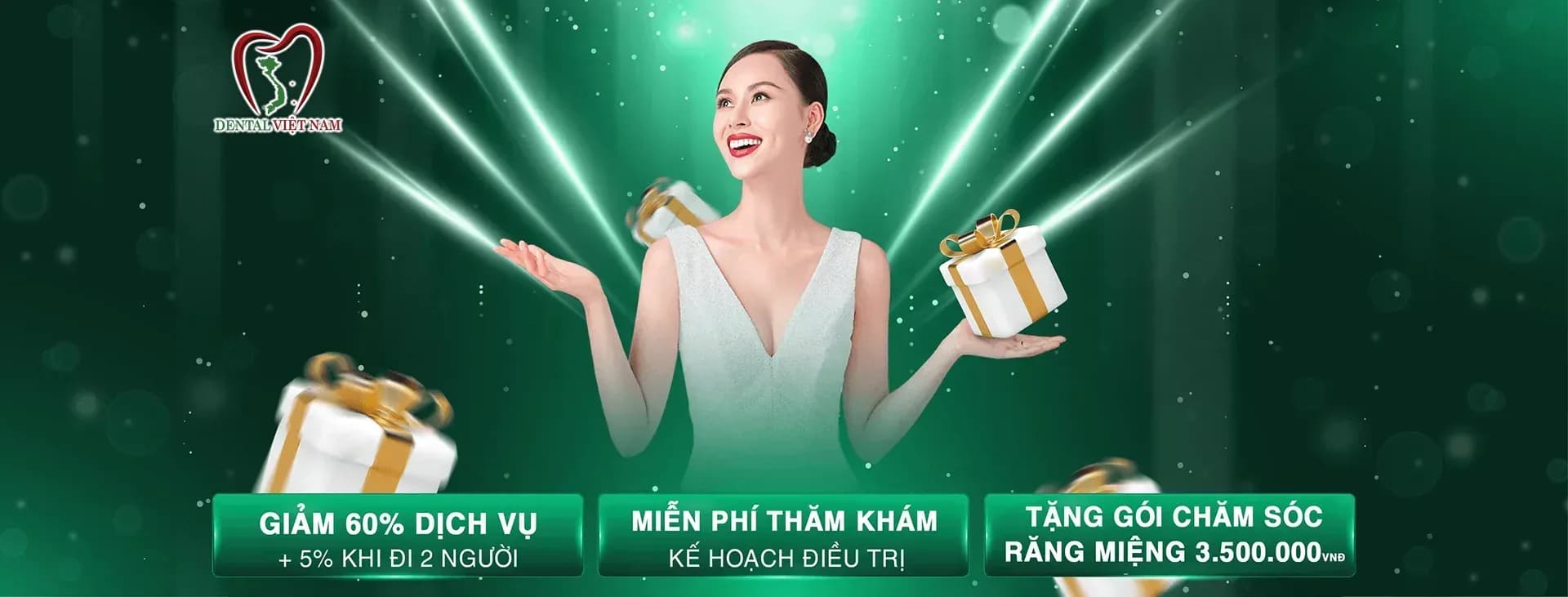 Quà tặng tri ân: giảm 60% dịch vụ, thêm 5% khi đi 2 người, miễn phí thăm khám và lên kế hoạch điều trị, tặng gói chăm sóc răng miệng 3.500.000₫.