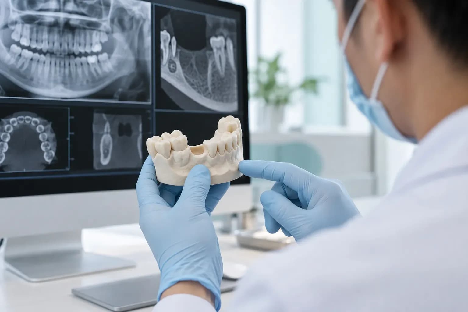 Bác sĩ cầm mẫu hàm dưới, phía sau là màn hình hiển thị phim CT Cone Beam và phim toàn cảnh của xương hàm