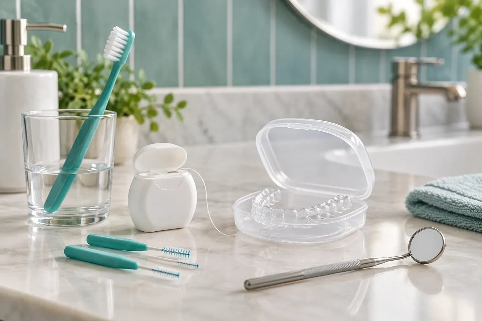 Bàn chải đánh răng, chỉ nha khoa, bàn chải kẽ và máng chống nghiến trong hộp đựng, đặt cạnh bồn rửa