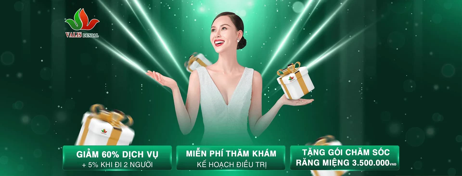 Patient appreciation offer: 60% off treatments, an extra 5% when you come with a friend, free examination and treatment planning, plus a 3,500,000₫ oral care package.