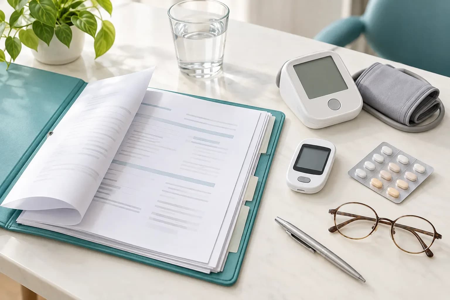 Bìa hồ sơ sức khoẻ, máy đo huyết áp, máy đo đường huyết và vỉ thuốc đặt trên bàn
