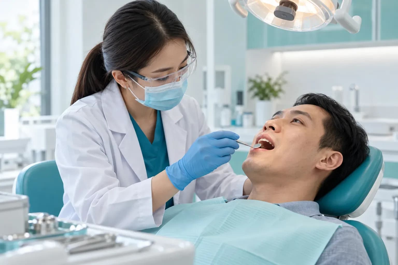 Bác sĩ đeo khẩu trang và găng tay dùng gương nha khoa kiểm tra răng cho bệnh nhân trên ghế nha